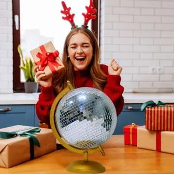 MFGDISCO Disco Ball Globe Home Decor Statues, Classic Tabletop Art Sculpture with Gold Base,Discoball Style Globe Unique Western Modern Decorative Aesthetic Sculptures, 8.5" x 8" x 12", Retro Gold