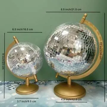 MFGDISCO Disco Ball Globe Home Decor Statues, Classic Tabletop Art Sculpture with Gold Base,Discoball Style Globe Unique Western Modern Decorative Aesthetic Sculptures, 8.5" x 8" x 12", Retro Gold