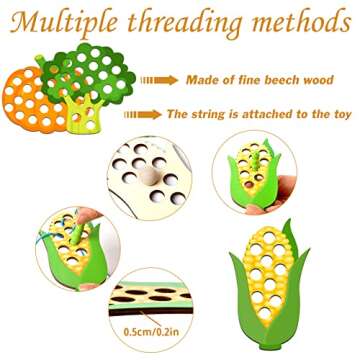 6 Pcs Lacing Toy Toddlers, Vegetable Wooden Threading Toys, Educational and Learning Montessori Activity Baby and Kids, Fine Motor Skill Toys, Pumpkin, Corn, Tomato, Eggplant, Broccoli, Carrot