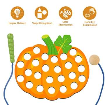 6 Pcs Lacing Toy Toddlers, Vegetable Wooden Threading Toys, Educational and Learning Montessori Activity Baby and Kids, Fine Motor Skill Toys, Pumpkin, Corn, Tomato, Eggplant, Broccoli, Carrot