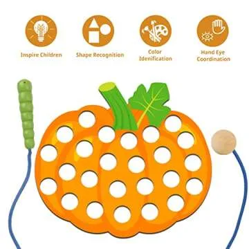 6 Pcs Lacing Toy Toddlers, Vegetable Wooden Threading Toys, Educational and Learning Montessori Activity Baby and Kids, Fine Motor Skill Toys, Pumpkin, Corn, Tomato, Eggplant, Broccoli, Carrot