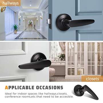 KNOBWELL 10 Pack Black Passage Door Lever Door Handle Non-Locking Lever Set for Hallway Door or Closet with a Matte Black Finish, Reversible for Right or Left Side (No Lock)