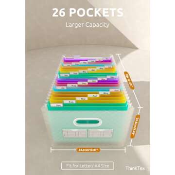 ThinkTex 26 Pockets Accordion File Organizer, Upright & Open Top, A-Z Colorful Tabs, Larger Capacity Expanding File Folder, Letter/A4 Size for School, Home and Office - Green