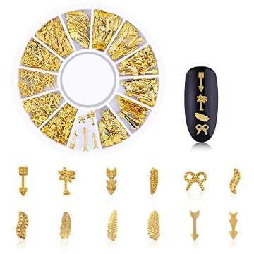 WOKOTO 6 Boxes Gold Metal Nail Studs Rose Star Moon Feather Nail Charm Kit 3D Nail Art Jewelry Decoration With 1Pc Tweezers And Picker Pencil