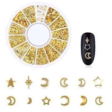 WOKOTO 6 Boxes Gold Metal Nail Studs Rose Star Moon Feather Nail Charm Kit 3D Nail Art Jewelry Decoration With 1Pc Tweezers And Picker Pencil