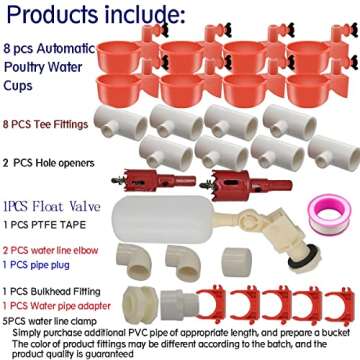 Complete Set Pipeline Automatic Chicken Nipple Waterer Cups and 1/2" PVC Tee Fittings Pipe Feeder Po...