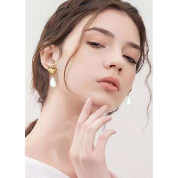ENSKEFEN Gold Heart Pearl Earrings for Women Trendy Gold Plated Pearl Dangle Earrings Statement Heart Earrings Big Large Baroque Pearl Drop Earrings Wedding Jewelry