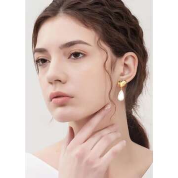 ENSKEFEN Gold Heart Pearl Earrings for Women Trendy Gold Plated Pearl Dangle Earrings Statement Heart Earrings Big Large Baroque Pearl Drop Earrings Wedding Jewelry