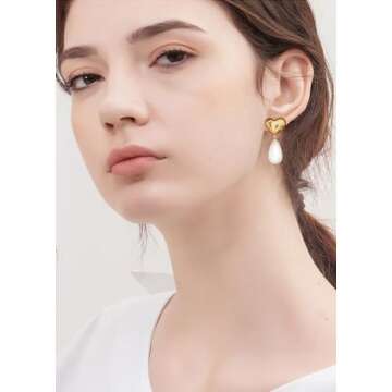 ENSKEFEN Gold Heart Pearl Earrings for Women Trendy Gold Plated Pearl Dangle Earrings Statement Heart Earrings Big Large Baroque Pearl Drop Earrings Wedding Jewelry