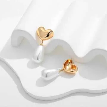 ENSKEFEN Gold Heart Pearl Earrings for Women Trendy Gold Plated Pearl Dangle Earrings Statement Heart Earrings Big Large Baroque Pearl Drop Earrings Wedding Jewelry