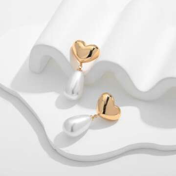 ENSKEFEN Gold Heart Pearl Earrings for Women Trendy Gold Plated Pearl Dangle Earrings Statement Heart Earrings Big Large Baroque Pearl Drop Earrings Wedding Jewelry