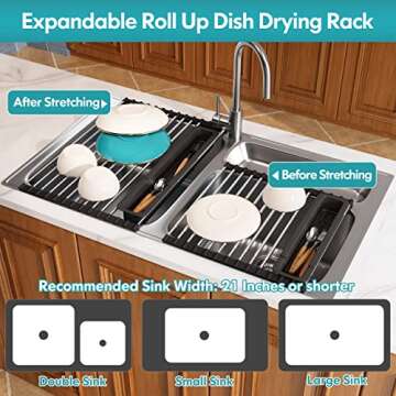 JASIWAY Roll Up Dish Drying Rack, Expandable 304 Stainless Steel Portable Over The Sink Dish Drainer for Kitchen Sink Counter, Foldable Sink Cover with Removable Utensil Holder (12.8"-23.3")