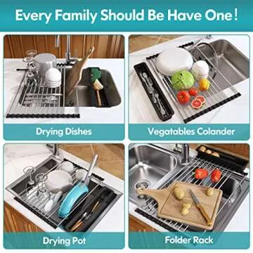 JASIWAY Roll Up Dish Drying Rack, Expandable 304 Stainless Steel Portable Over The Sink Dish Drainer for Kitchen Sink Counter, Foldable Sink Cover with Removable Utensil Holder (12.8"-23.3")