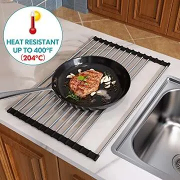 JASIWAY Roll Up Dish Drying Rack, Expandable 304 Stainless Steel Portable Over The Sink Dish Drainer for Kitchen Sink Counter, Foldable Sink Cover with Removable Utensil Holder (12.8"-23.3")