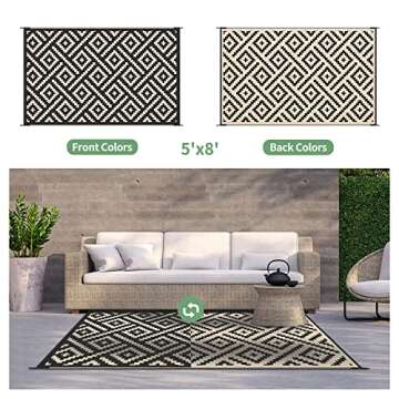 GENIMO 5x8 Outdoor Rug Waterproof, Reversible Mats, Area Rug, Plastic Outside Carpet, Geometric Rv Mat for Patio Camping Rv Picnic Backyard Deck Balcony Porch Beach Trailer (Black & Beige)