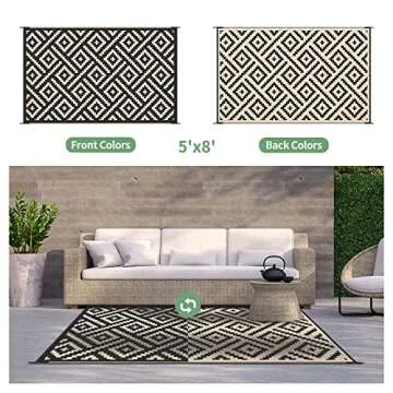 GENIMO 5x8 Outdoor Rug Waterproof, Reversible Mats, Area Rug, Plastic Outside Carpet, Geometric Rv Mat for Patio Camping Rv Picnic Backyard Deck Balcony Porch Beach Trailer (Black & Beige)