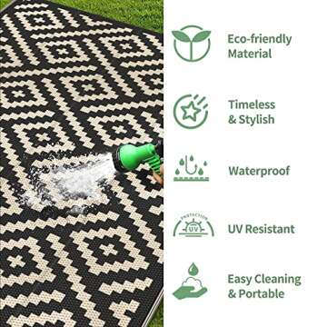 GENIMO 5x8 Outdoor Rug Waterproof, Reversible Mats, Area Rug, Plastic Outside Carpet, Geometric Rv Mat for Patio Camping Rv Picnic Backyard Deck Balcony Porch Beach Trailer (Black & Beige)