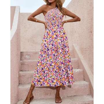 BTFBM 2025 Summer One Shoulder Dresses for Women Casual Sleeveless High Waist Floral Flowy Smocked Boho Beach Maxi Dress(Floral White Purple, Medium)