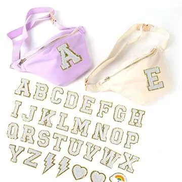32 Pieces Chenille Letter Patches for Clothes,Varsity Letter Patches,Gold Glitter Trimmed Preppy Patches for Jackets Clothing Hat Shirt Bag Backpacks Laptops(White)