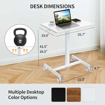 YSSOA Mobile Small Standing Desk - Rolling Desk with Adjustable Height and Lockable Wheels, Sit-Stand Laptop Table, Portable Computer Workstation, White