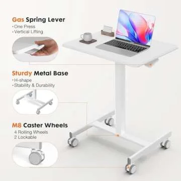 YSSOA Mobile Small Standing Desk - Rolling Desk with Adjustable Height and Lockable Wheels, Sit-Stand Laptop Table, Portable Computer Workstation, White