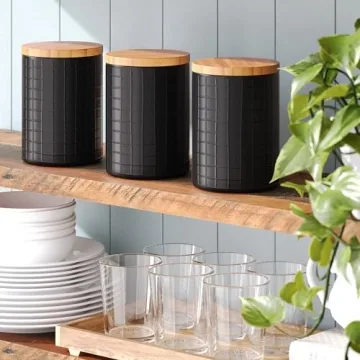 Farmhouse Kitchen Canister Set Metal Bamboo 3-Piece