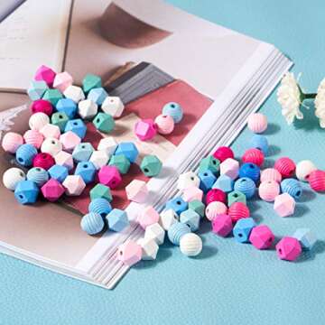 100Pcs Color Geometric Wooden Beads Wood Loose Beads Ball for DIY Craft Jewelry Making Bags Kids Toys