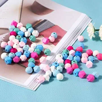 100Pcs Color Geometric Wooden Beads Wood Loose Beads Ball for DIY Craft Jewelry Making Bags Kids Toys