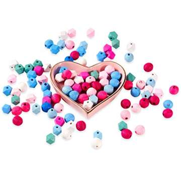 100Pcs Color Geometric Wooden Beads Wood Loose Beads Ball for DIY Craft Jewelry Making Bags Kids Toys