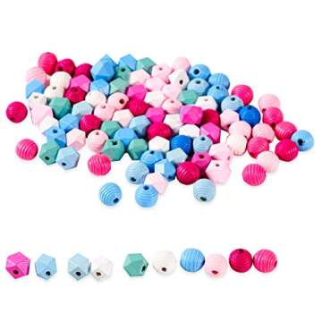 100Pcs Color Geometric Wooden Beads Wood Loose Beads Ball for DIY Craft Jewelry Making Bags Kids Toys