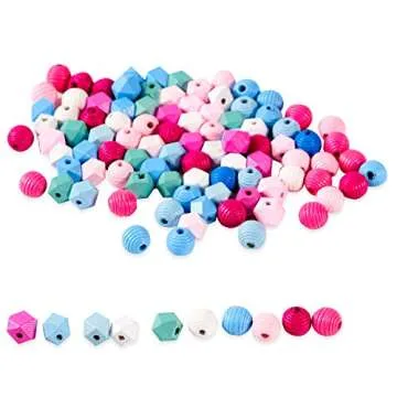 100Pcs Color Geometric Wooden Beads Wood Loose Beads Ball for DIY Craft Jewelry Making Bags Kids Toys