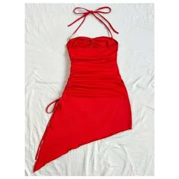 Milumia Women's Halter Ruched Dress Tie Side Asymmetrical Spaghetti Strap Short Club Cocktail Dresse...