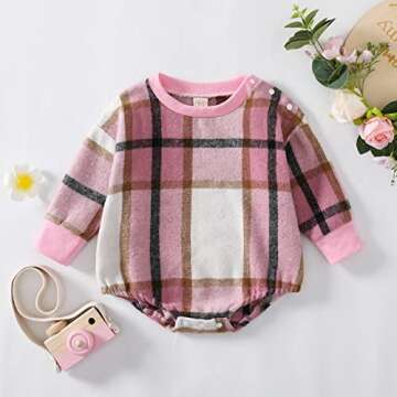DNOMAID YZARC Baby Girl Boy Plaid Flannel Sweatshirt Romper Oversized Crewneck Long Sleeve Onesie Bo...