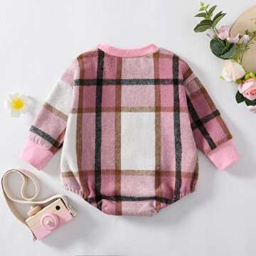 DNOMAID YZARC Baby Girl Boy Plaid Flannel Sweatshirt Romper Oversized Crewneck Long Sleeve Onesie Bodysuit Fall Winter Outfit (Pink, 6-12 Months)