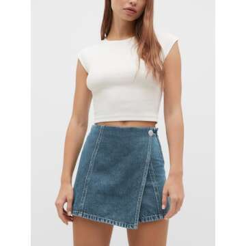 PLNOTME Womens Denim Skorts High Waisted Casual Summer Asymmetrical Hem Criss Cross Jean Skirt Short...