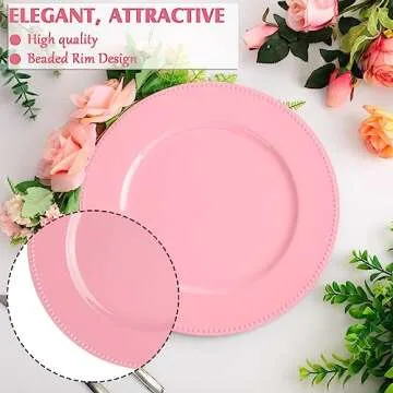Gerrii 12 Pcs Metallic Bead Charger Plates 13 Inch Plastic Round Plates Bulk Wedding Beaded Chargers for Table Party Event Decoration(Pink)