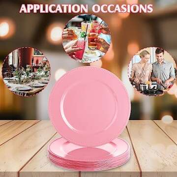 Gerrii 12 Pcs Metallic Bead Charger Plates 13 Inch Plastic Round Plates Bulk Wedding Beaded Chargers for Table Party Event Decoration(Pink)
