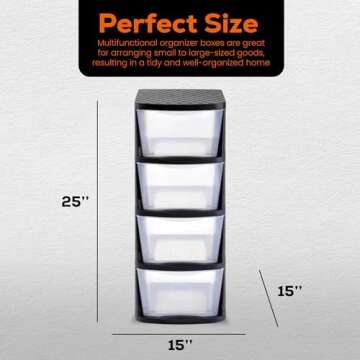 Juggernaut Storage Plastic 4 Drawer Storage Container Tower with 4 Large Pull Out Drawers for Home Organization, Office and, Classrooms Clear/Black