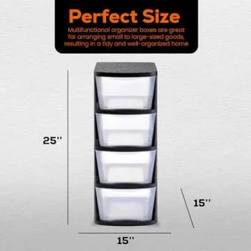 Juggernaut Storage Plastic 4 Drawer Storage Container Tower with 4 Large Pull Out Drawers for Home Organization, Office and, Classrooms Clear/Black