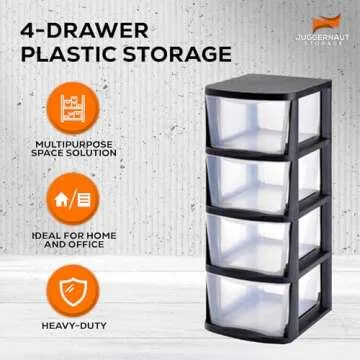 Juggernaut Storage Plastic 4 Drawer Storage Container Tower with 4 Large Pull Out Drawers for Home Organization, Office and, Classrooms Clear/Black