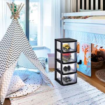 Juggernaut Storage Plastic 4 Drawer Storage Container Tower with 4 Large Pull Out Drawers for Home Organization, Office and, Classrooms Clear/Black