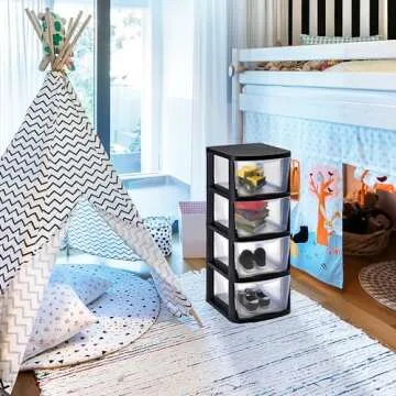 Juggernaut Storage Plastic 4 Drawer Storage Container Tower with 4 Large Pull Out Drawers for Home Organization, Office and, Classrooms Clear/Black