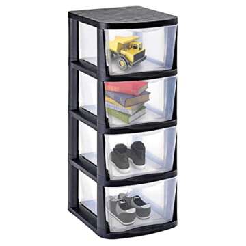 Juggernaut Storage Plastic 4 Drawer Storage Container Tower with 4 Large Pull Out Drawers for Home Organization, Office and, Classrooms Clear/Black