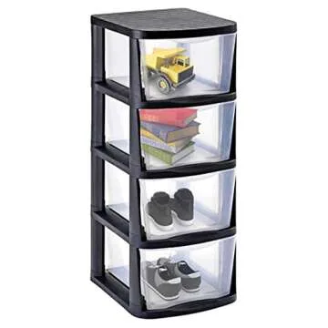 Juggernaut Storage Plastic 4 Drawer Storage Container Tower with 4 Large Pull Out Drawers for Home Organization, Office and, Classrooms Clear/Black