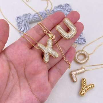 DIOWUS Bubble Letter Necklace Gold for Women，Charm Balloon Initial Letter Pendant Zirconia Inlaid ...