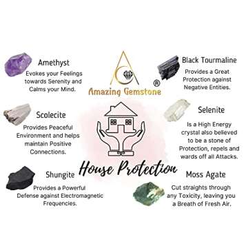 Crystals for House Protection Manifestation, Set of 6 Amethyst, Scolecite, Shungite, Black Tourmaline, Selenite and Moss Agate Healing Crystals and Stones
