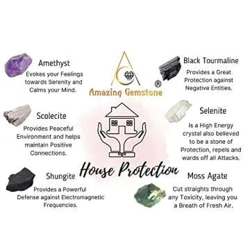 Crystals for House Protection Manifestation, Set of 6 Amethyst, Scolecite, Shungite, Black Tourmaline, Selenite and Moss Agate Healing Crystals and Stones