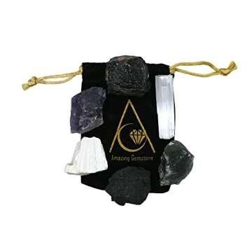 Crystals for House Protection Manifestation, Set of 6 Amethyst, Scolecite, Shungite, Black Tourmaline, Selenite and Moss Agate Healing Crystals and Stones