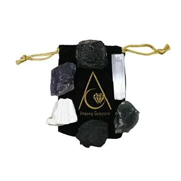 Crystals for House Protection Manifestation, Set of 6 Amethyst, Scolecite, Shungite, Black Tourmaline, Selenite and Moss Agate Healing Crystals and Stones