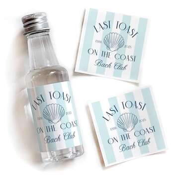 Last Toast on the Coast - 50 mL Bachelorette Liquor Labels - Coastal Bachelorette Party Favors - Beach Bach Gift Bag Idea - Coastal Granny Bachelorette Stickers (Blue Stripe - Bach Club)